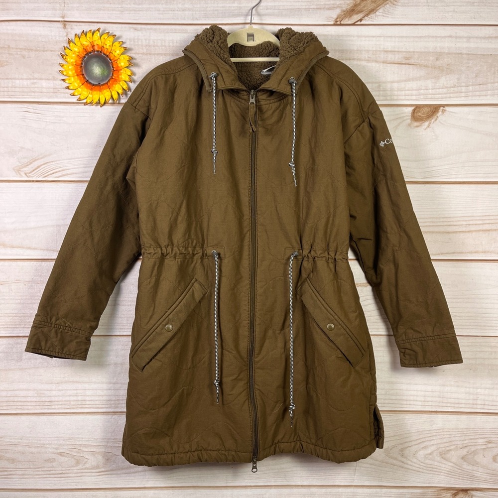 Columbia Womens Quilted Sherpa Lined Hooded Parka Jacket Brown Olive Ripstop S